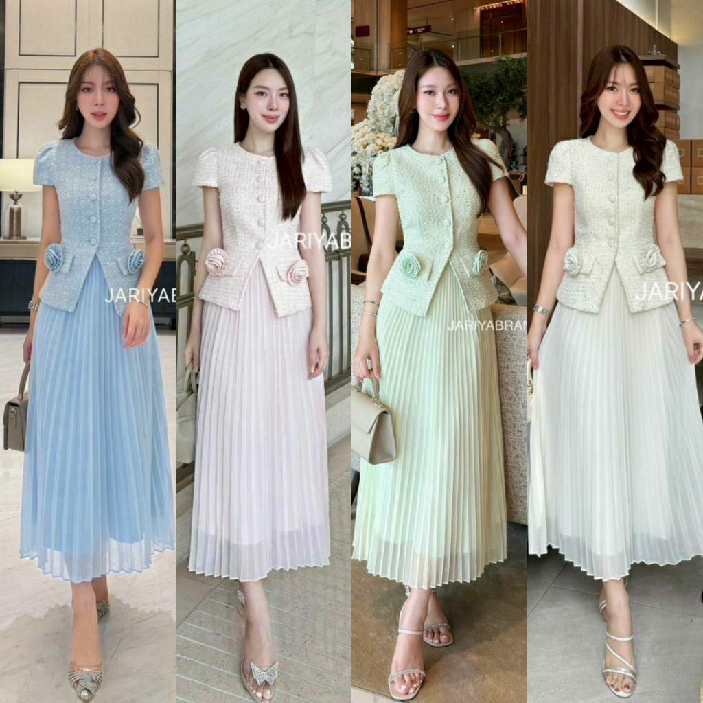 (S-XL) Jariya พร้อมส่งเซ็ท3ชิ้นเสื้อผ้าทวิตแขนสั้น+กระโปรยาวพลีท+เข็มกลัดดอกไม้ใส่ทรงสวยชุดใส่ออกงาน