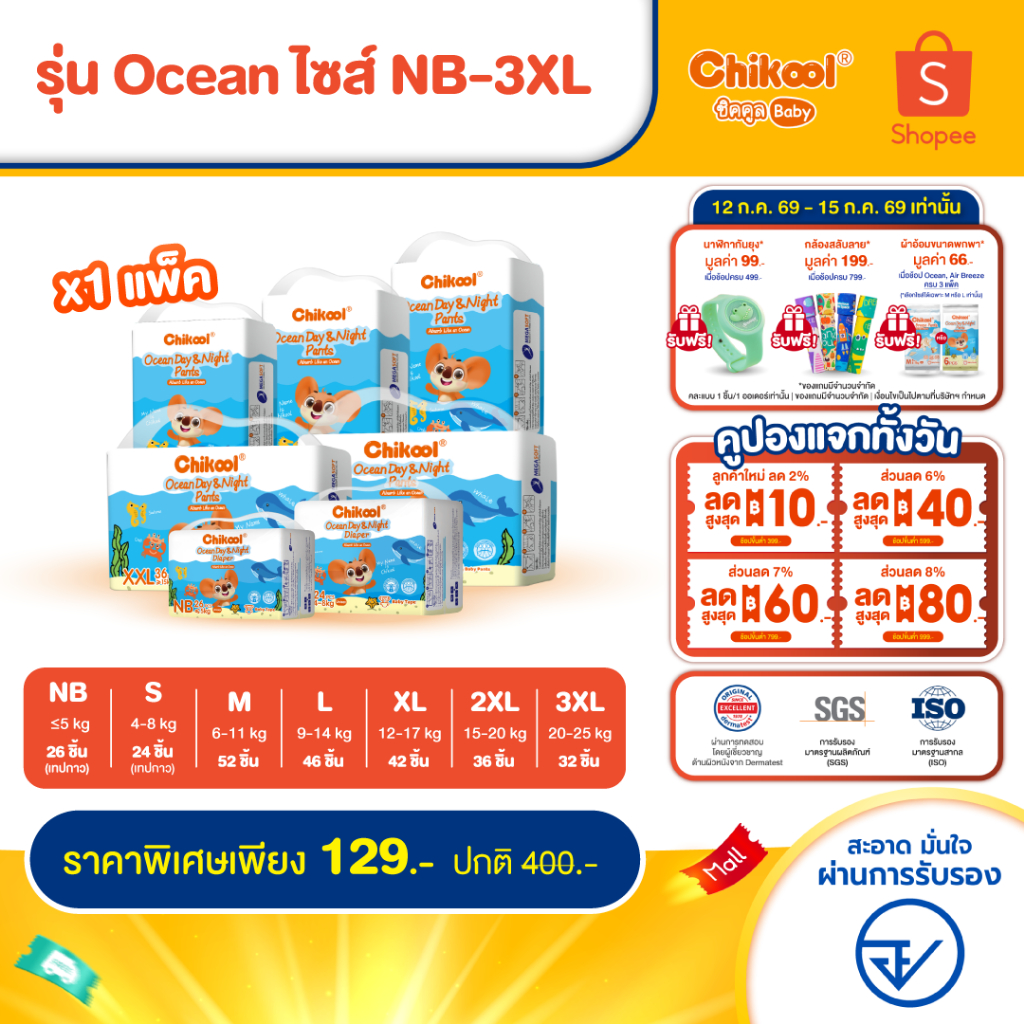[แพ็คเดี่ยว] Chikool Ocean Day&Night Pants ชิคคูล กางเกงผ้าอ้อมเด็ก โอเชียน เดย์&ไนท์ ไซส์ NB-3XL