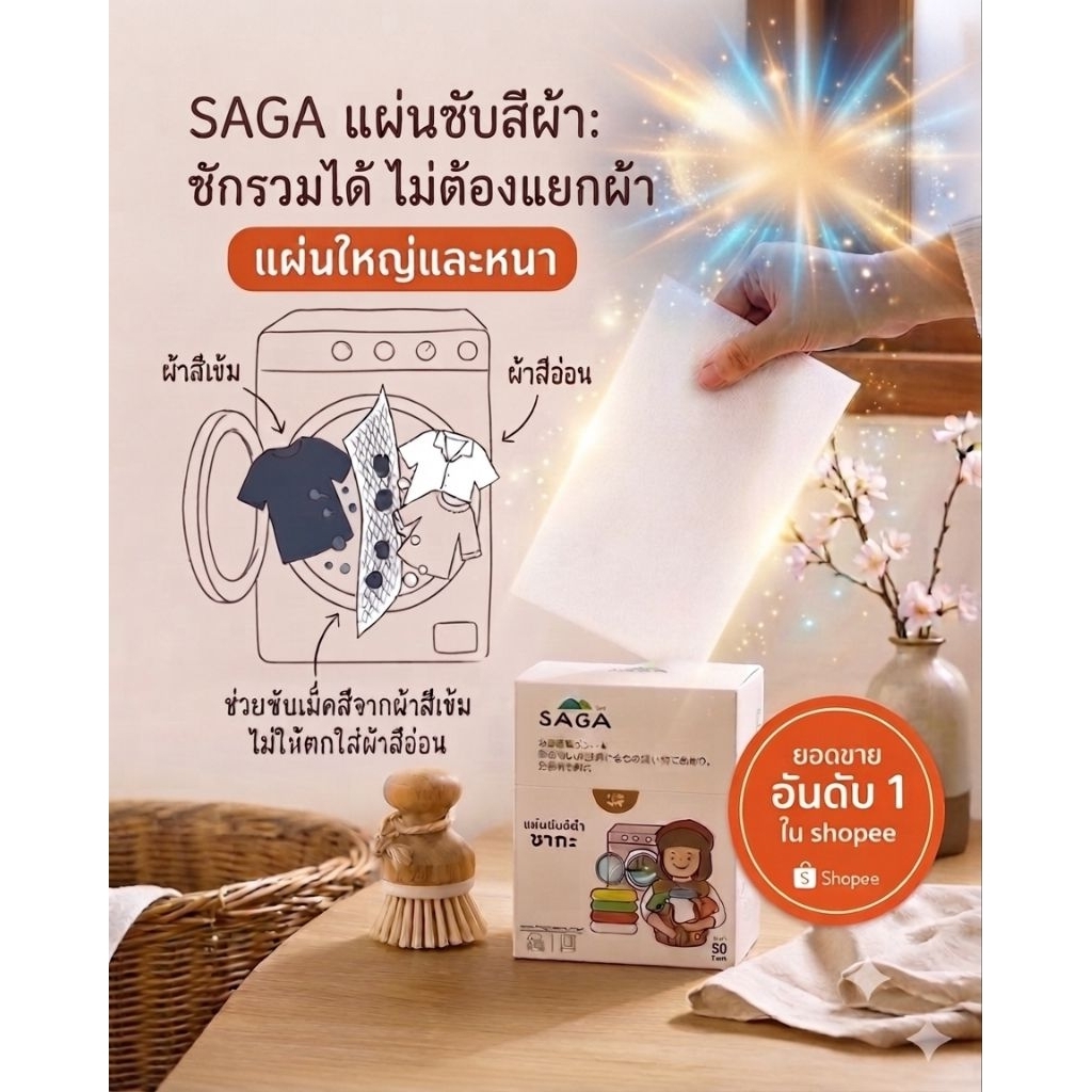 ❤️ เจ้าแรก !!!!  แผ่นซับสีผ้าSaGa ป้องกันสีตก กล่องใหญ่ 50 แผ่น(แผ่นใหญ่) ระวังสินค้าลอกเลียนแบบ