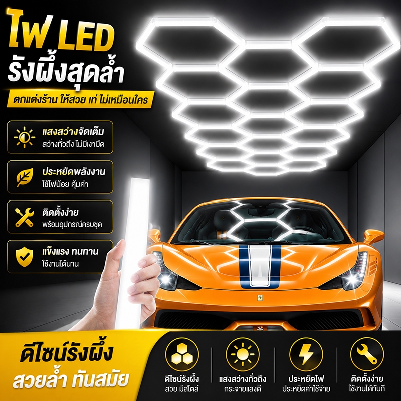 ไฟLED รังผึ้งติดเพดาน สว่างจัดเต็มกระจายแสงทั่วถึง ประหยัดพลังงาน ติดตั้งง่าย เหมาะร้านซ่อมรถ สตูดิโอ ตึกออฟฟิศ