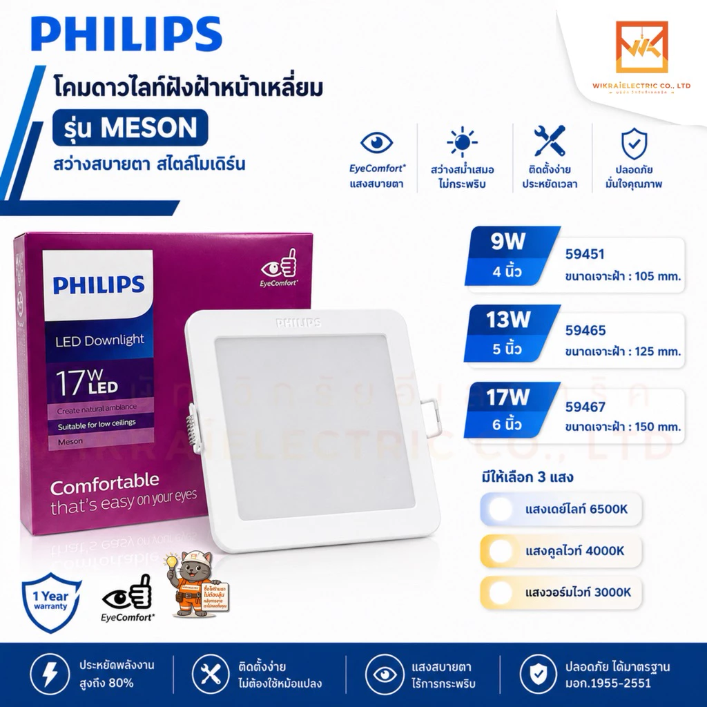 PHILIPS โคมดาวไลท์ฝังฝ้าหน้าเหลี่ยมฟิลิปส์ แสง 3000K / 4000K / 6500K 59451 59465 59467 Meson 9W 13W 17W SQ