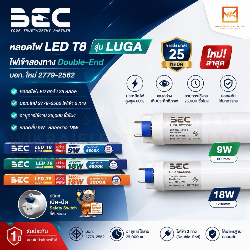 (ยกลัง 25หลอด)BEC หลอดนีออน LED T8 9W 18W รุ่นใหม่ล่าสุด รุ่น LUGA ไฟเข้าสองทาง (Double-End) มอกใหม่ 2779-2562