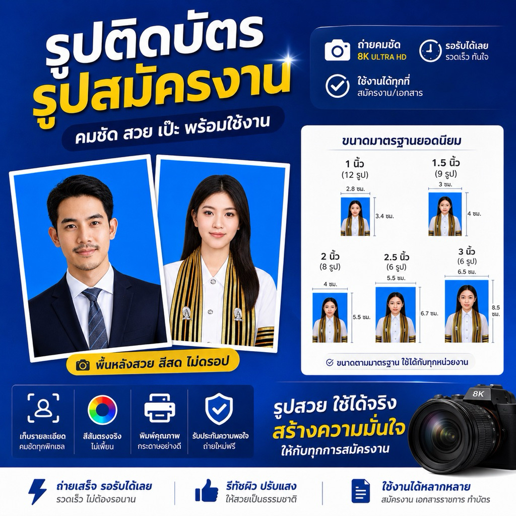 รูปสมัครงาน อัดรูป 1นิ้ว 1.5นิ้ว3นิ้ว กระดาษโฟโต้แท้  🎯ส่งด่วนได้รับใน4ชั่วโมง