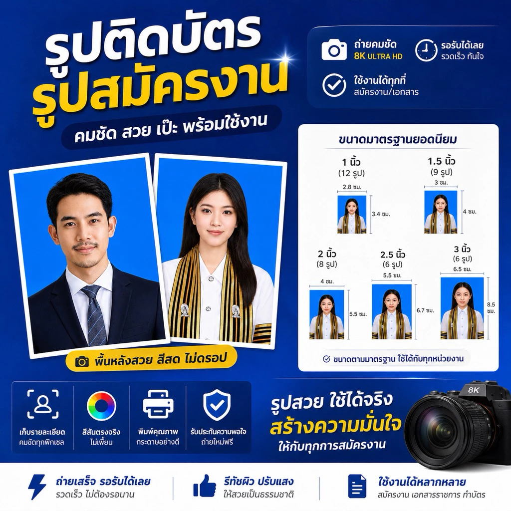 รูปสมัครงาน อัดรูป 1นิ้ว 1.5นิ้ว3นิ้ว กระดาษโฟโต้แท้ 🎯ส่งด่วนได้รับใน4ชั่วโมง
