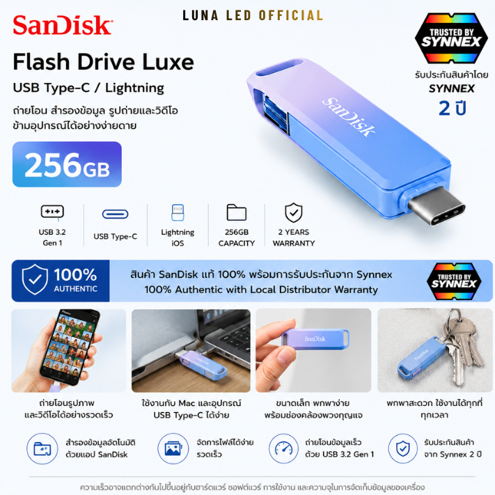แท้ 100% แฟลชไดร์ SanDisk Creator Phone Drive - 256 GB USB 3.2 Gen1 Type-C / Lightning ประกัน 2 ปี