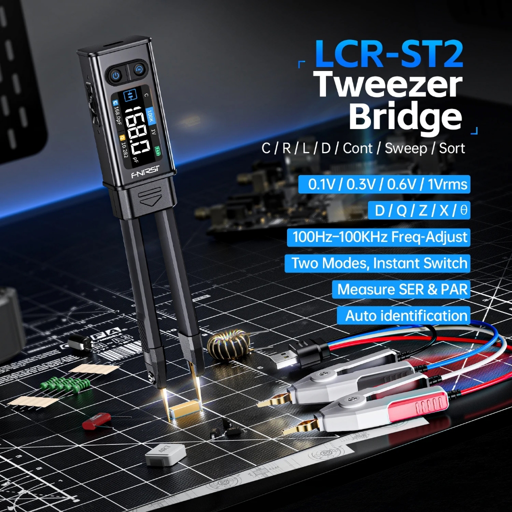 FNIRSI LCR-ST2 Digital Tweezer Bridge LCR ESR Meter 2-IN-1 SMD Test Kelvin Clip Electronic Component Multifunctional Tes