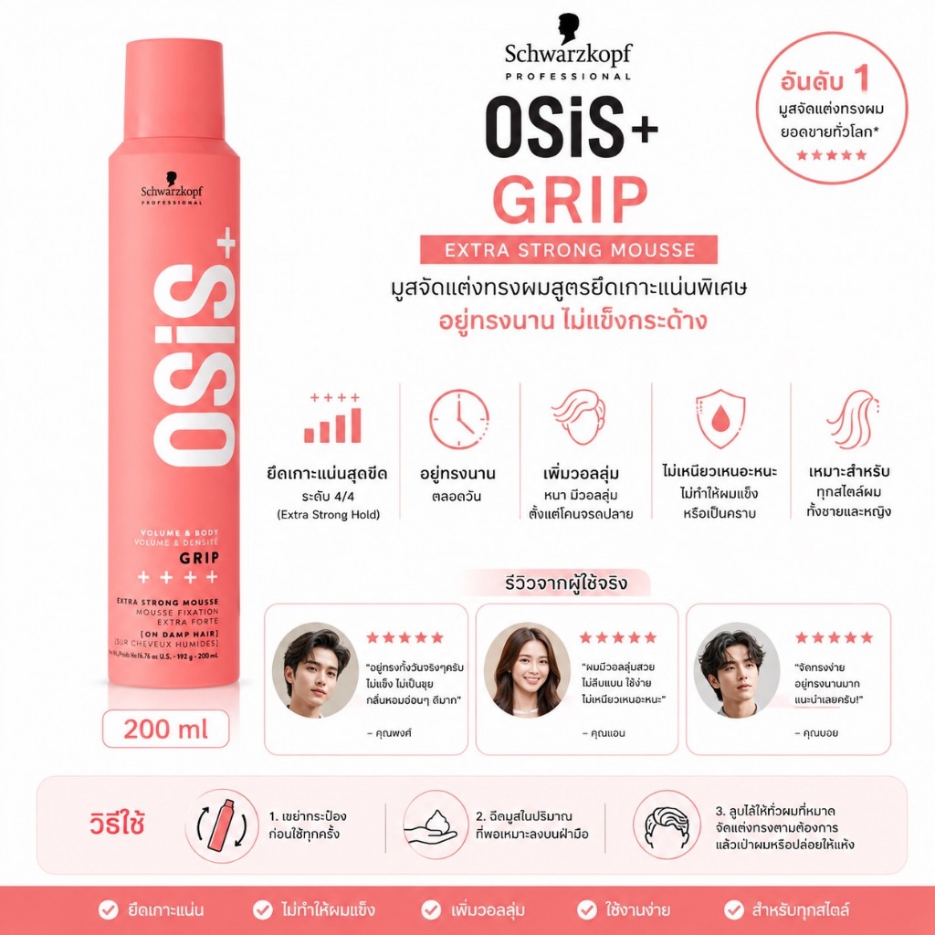 ❤️ไม่แท้คืนเงิน❤️ Schwarzkopf Osis+ Grip Extreme Hold Mousse 200ml มูสสำหรับใส่ผม ช่วยให้ผมมีวอลุ่ม