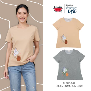 เสื้อแตงโม (SUIKA) - เสื้อยืดคอกลมกระดุมไหล่ ลายปักดอกไม้ ( EI.AOF-307 )