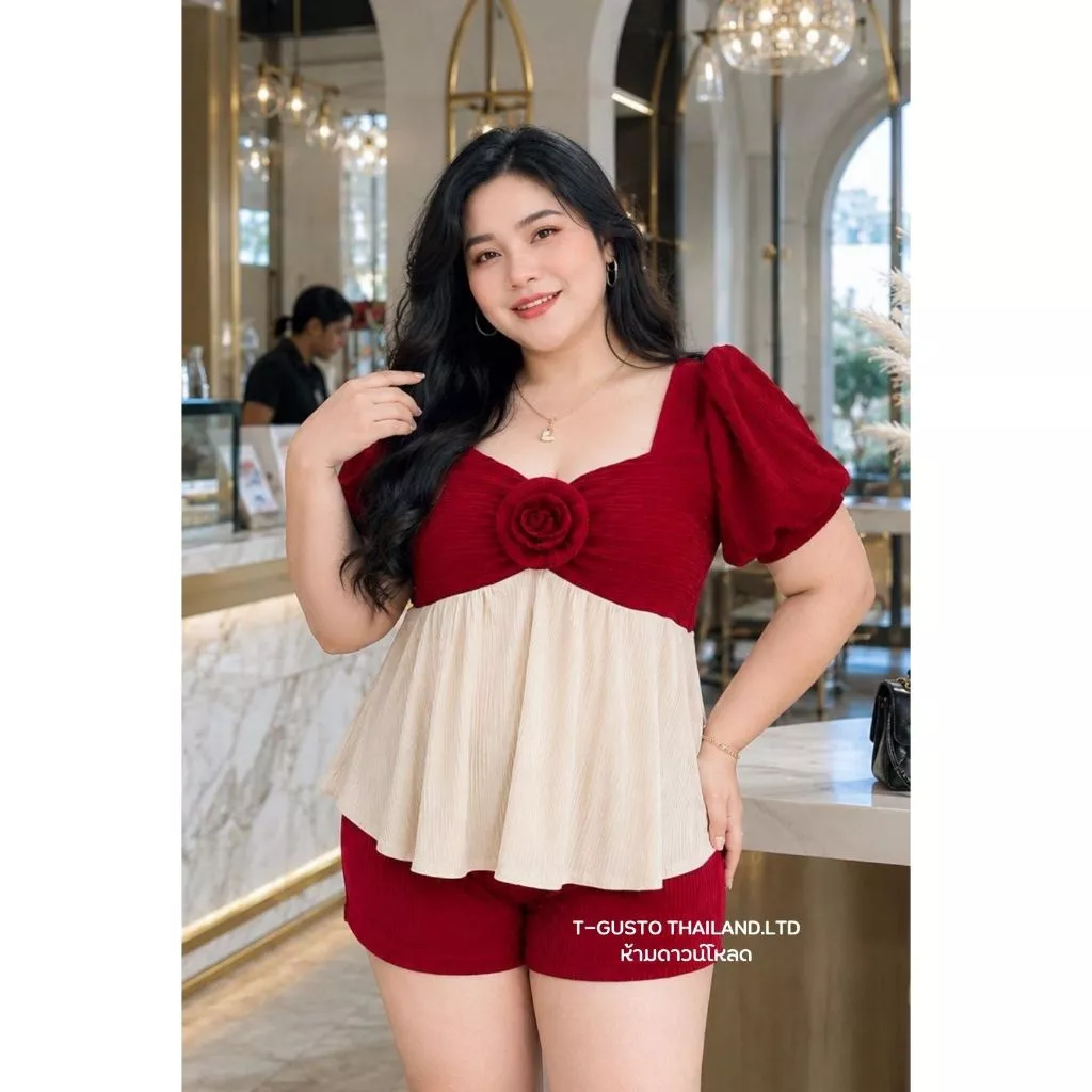 (โปรเดือน 8.8 .) C25ชุดเซตพราวกุหลาบ-ขาสั้น ผ้าท๊อฟฟี่ ชุดเซตสาวอวบใส่สบาย