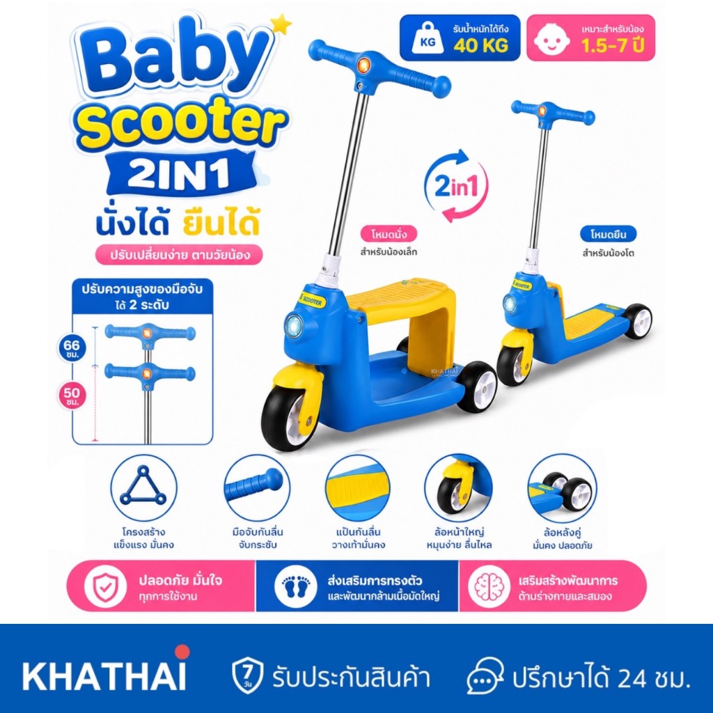 สกู๊ตเตอร์เด็ก รถขาไถปรับเป็นสกู๊ตเตอร์ Baby Scooter 2in1 สกู๊ตเตอร์ รถขาไถ PC-XR-1405