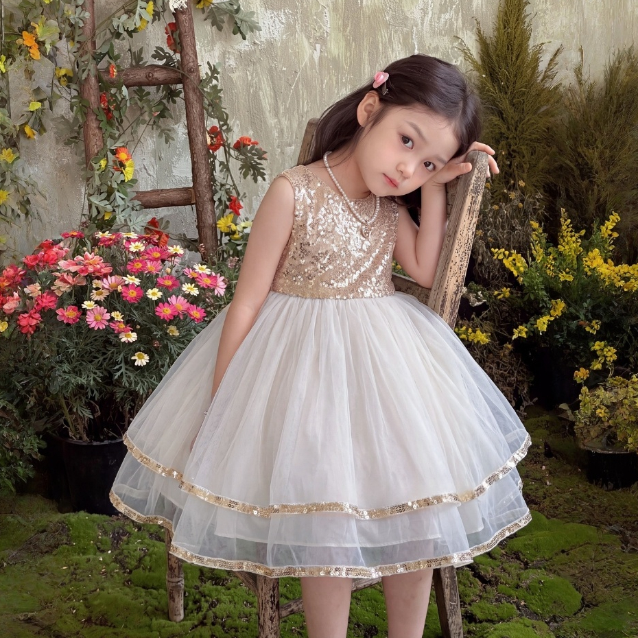 PRINCESS KESLI 2-9 ปี ชุดเดรสเจ้าหญิงเด็กผู้หญิงปักเลื่อมสีทอง โบว์ใหญ่หลัง กระโปรงตาข่ายปาร์ตี้วันเกิด