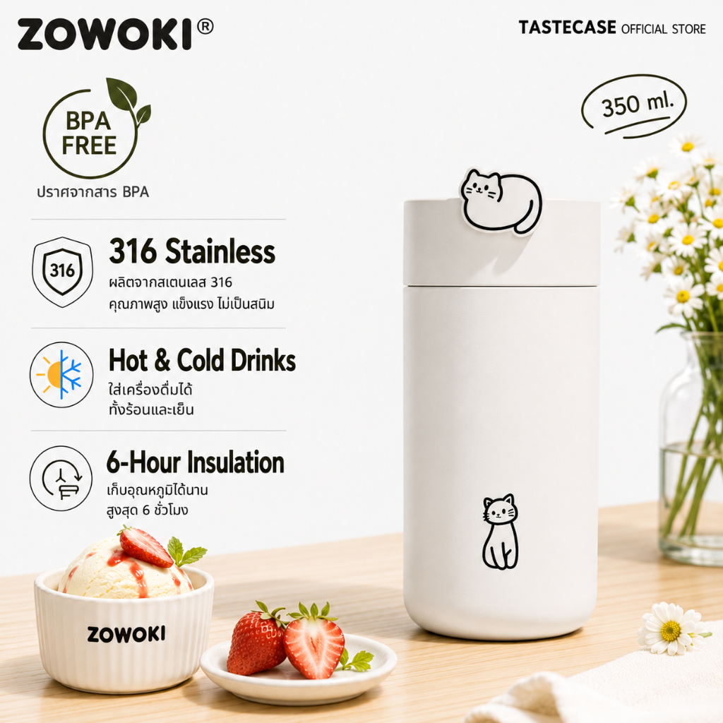 Zowoki T19-350 กระบอกน้ำรักษาอุณหภูมิ แก้วเก็บความเย็น-ร้อน พร้อมที่กรองชา ความจุ 350 ml.