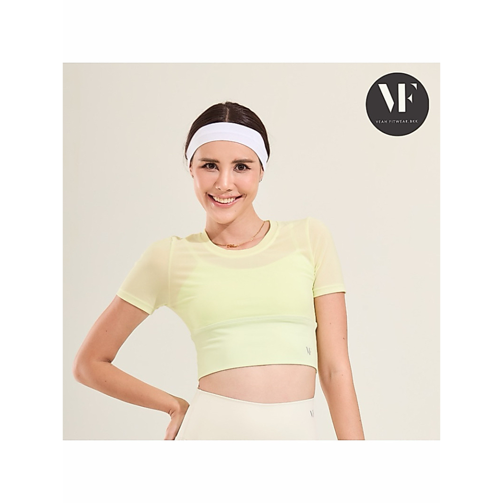 VF-Nolan Top : SportBra (สปอร์ตบรา) บรา ชุดออกกำลังกายผู้หญิง โยคะ พิลาทิส แต่งผ้าซีทรู แขนสั้น