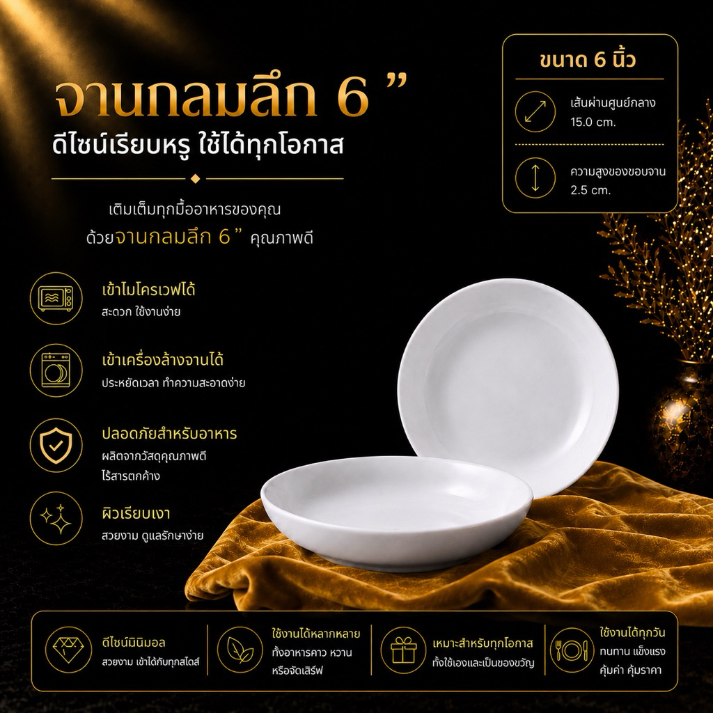 จานกลมลึก สีขาว ใส่ไมโครเวฟได้ ขนาด 6 นิ้ว