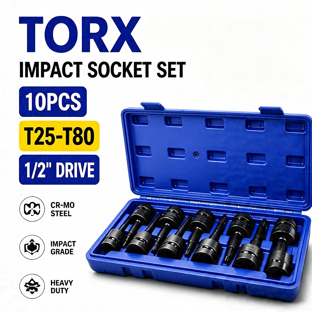 ชุดลูกบล็อก Torx 10 ชิ้น T25-T80 หัวดาว 1/2 นิ้ว CR-MO Impact Socket สำหรับบล็อกลม ซ่อมรถยนต์ งานช่าง