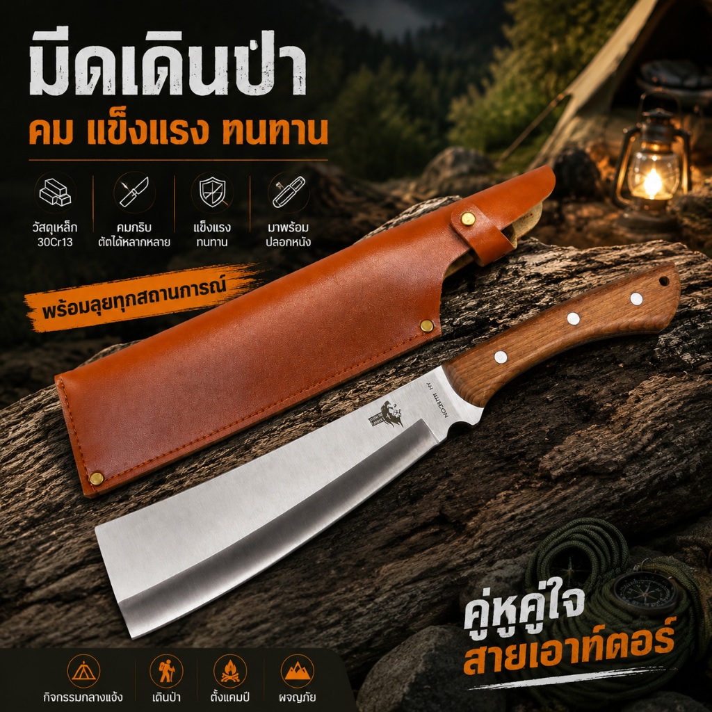 มีดกลางแจ้ง Jungle King ใบมีด 5Cr15MoV หนา 4 มม. ยาวรวม 39 ซม. แถมปลอกพกพา สำหรับเดินป่าแคมป์ปิ้ง