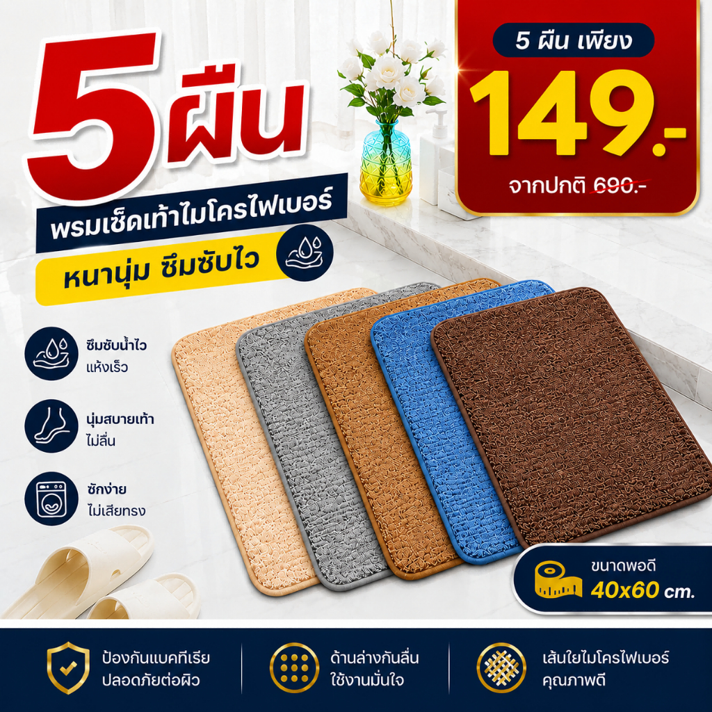 (โปรสุดถูก แพ็ค 5 ชิ้น) พรมเช็ดเท้า พรมห้องน้ํา ซับน้ำได้ดี เท้าเล็ก พรมกันลื่น พรมห้องนอน นุ่มสบายเท้า 40X60cm