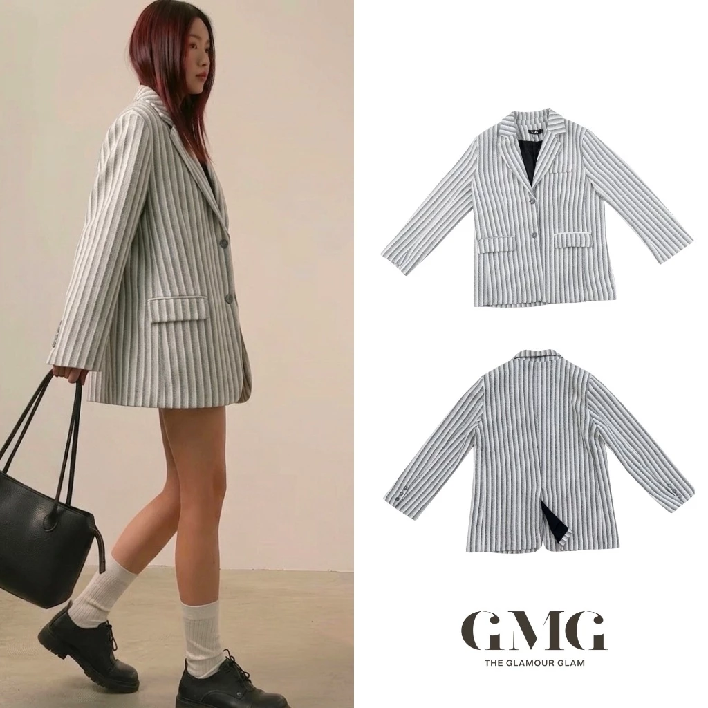 เสื้อสูทเบลเซอร์ตัวยาว ผ้า Melton ทรงโอเวอร์ไซส์ (Oversized) ปล่อยโคร่งสไตล์เกาหลี ลายทางตรง (Grace Blazer)