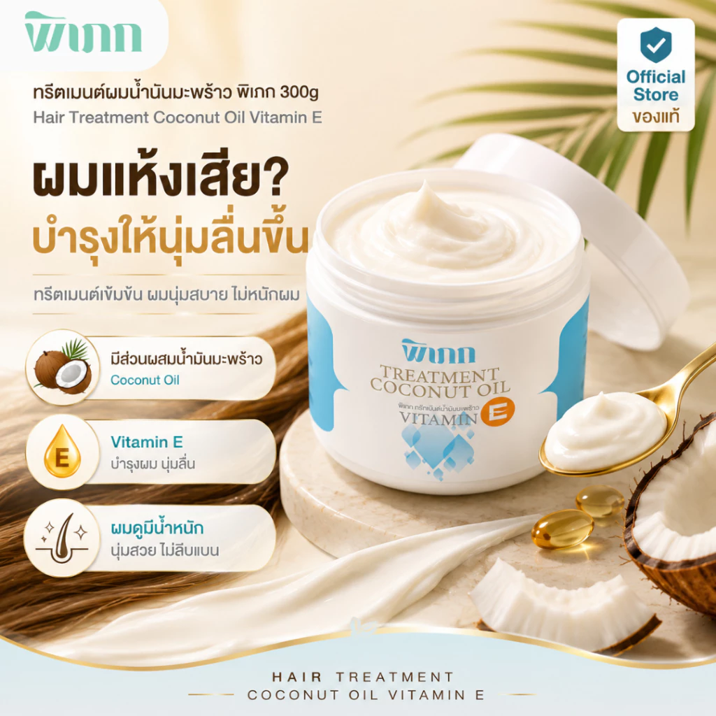 ทรีตเมนต์ผมน้ำมันมะพร้าว พิเภก 300g Vitamin E ผมแห้ง ชี้ฟู หวีง่าย