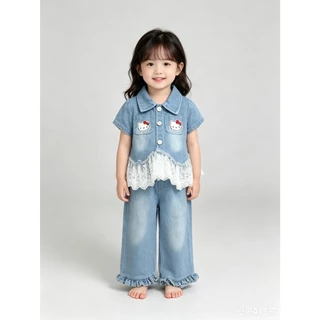 BB357 ชุดเดนิมสีฟ้าเด็กผู้หญิง เสื้อสั้นแขนลูกไม้+กางเกงขากว้าง ชุดของขวัญวันแม่ สำหรับเด็กเล็ก-โต ผ้านุ่มใส่สบายฺฺ