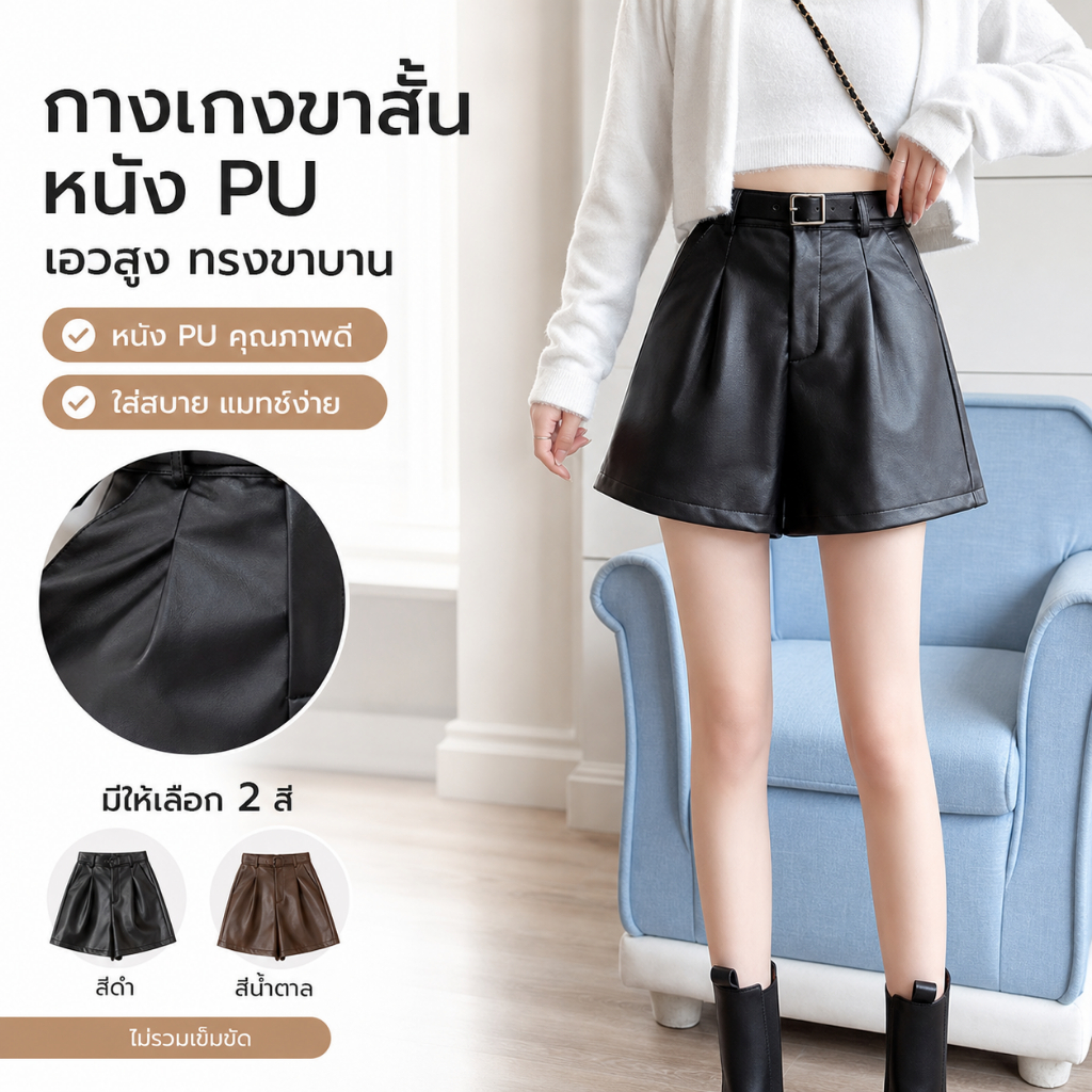 [จัดส่งในท้องถิ่น] MAI กางเกงขาสั้นเอวสูง สไตล์เกาหลี ผู้หญิง ทรงหลวมดูทินเนอร์ สีดำไซซ์ใหญ่ สันทนาการฤดูร้อน‌ PUกางเกงข