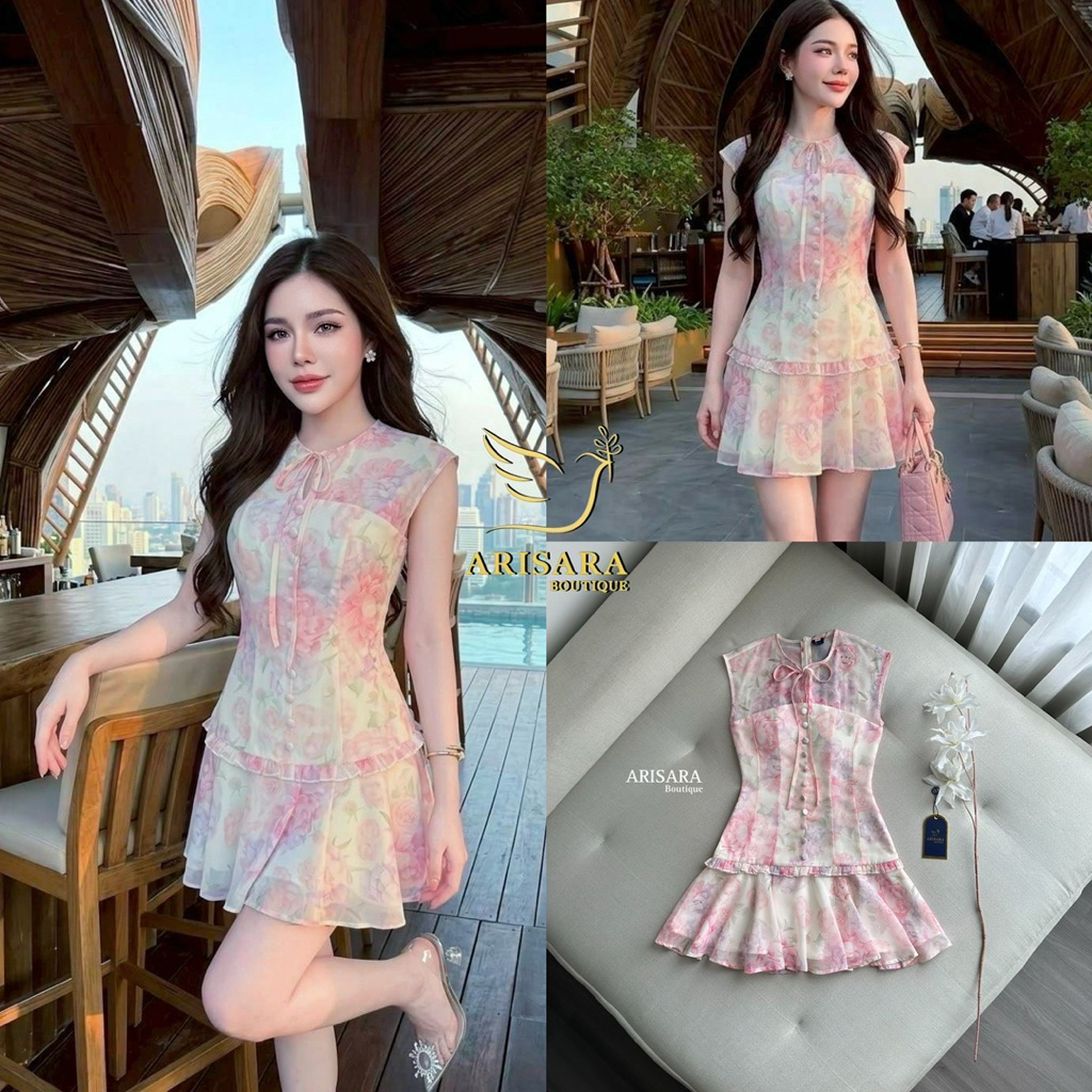 D10 งานป้าย Arisara Dress เดรสสั้นพิมพ์ลายโบว์และกระดุม สำหรับผู้หญิง เสื้อผ้าแฟชั่นผู้หญิง ไซส์ Xs-L