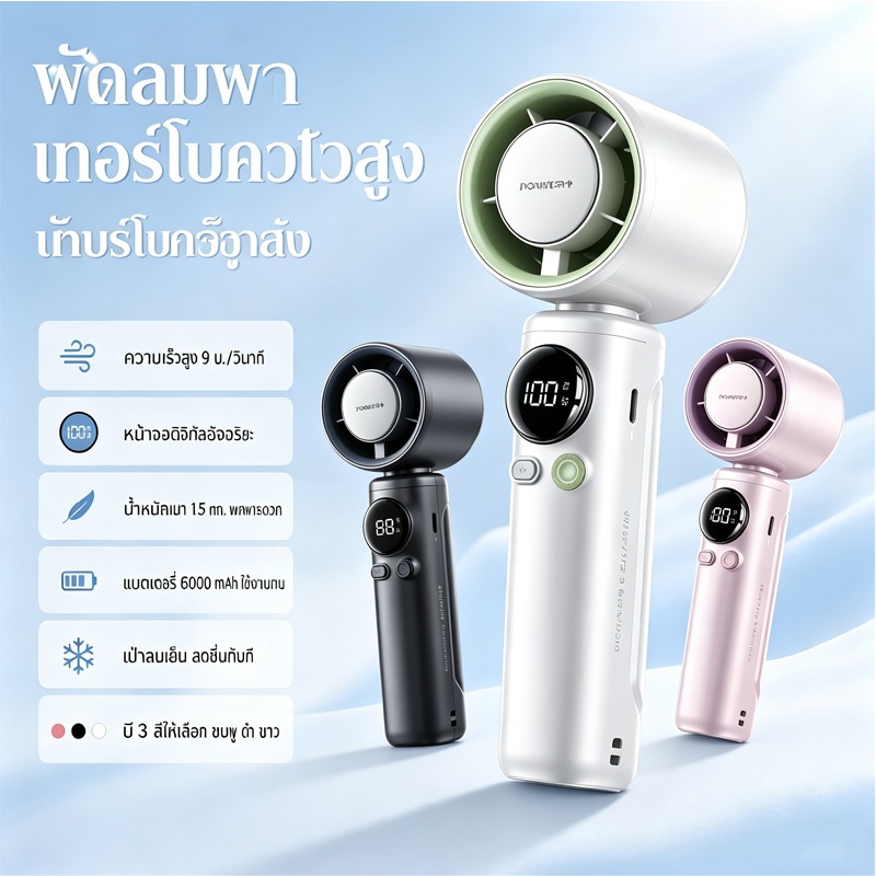 ของแท้100% ❄️พัดลมไอเย็นไร้ใบพัดพกพา แบต6000mAh ⚡ปรับลมได้100ระดับ พัดลมมือถือชาร์จUSB พัดลมพกพาปลอดภัยไร้ใบ