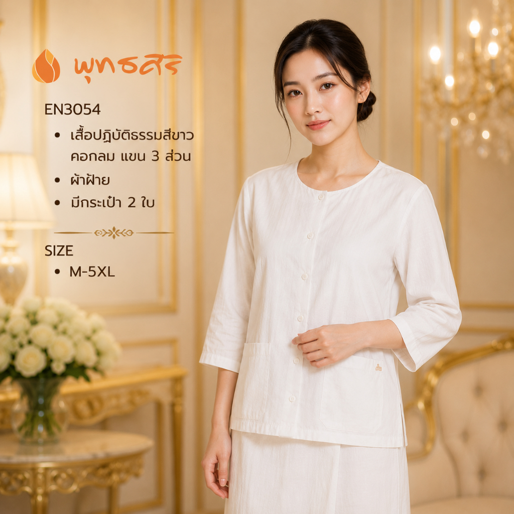 พุทธศิริ ชุดปฏิบัติธรรมสีขาว EN4028(กางเกง) ใส่ไปวัด ทำบุญ ผ้าฝ้าย ใส่สบาย EN3054,EN3055(เสื้อ) ราคา/1ชิ้น