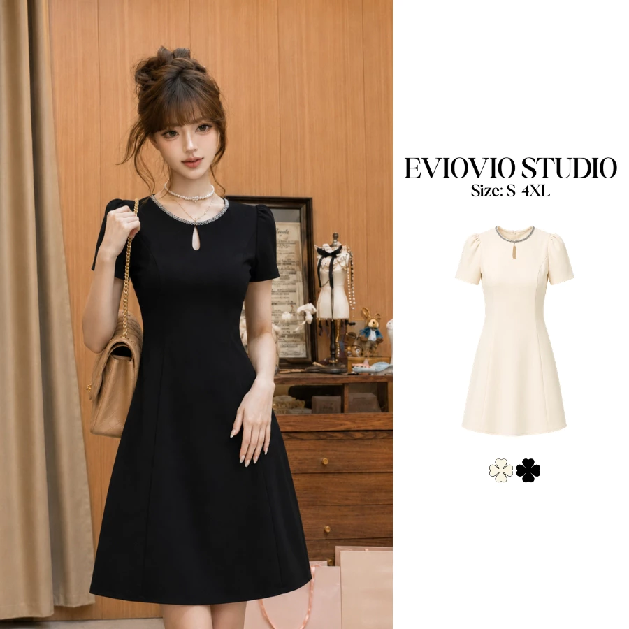 S-4XL【EVIOVIO】พร้อมส่ง🎏เดรสทำงาน คอแต่งขอบเงิน ทรง A-Line ซิปหลัง แขนพอง เดรสทำงาน ออกงาน เรียบหรู ดูแพง เดรสงานบุญ🛒