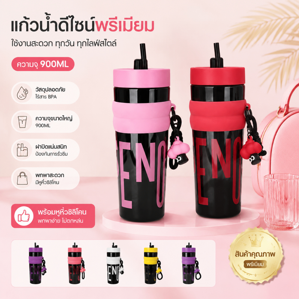 แก้วน้ำพลาสติกเก็บความเย็น 900ml สวยงาม พกพาสะดวก พร้อมหลอดดูด สำหรับกลางแจ้งZEFAN