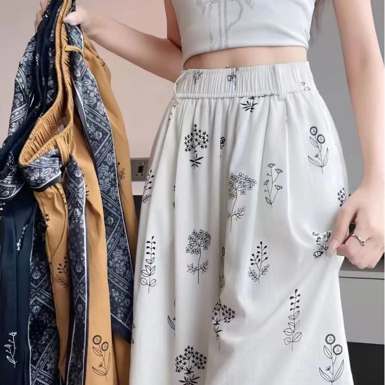 ผ้าดีมาก！！กางเกงขายาวลายดอกไม้ ผ้าสวยใส่สบาย เอวยืดได้ มีซิปข้างT-2624