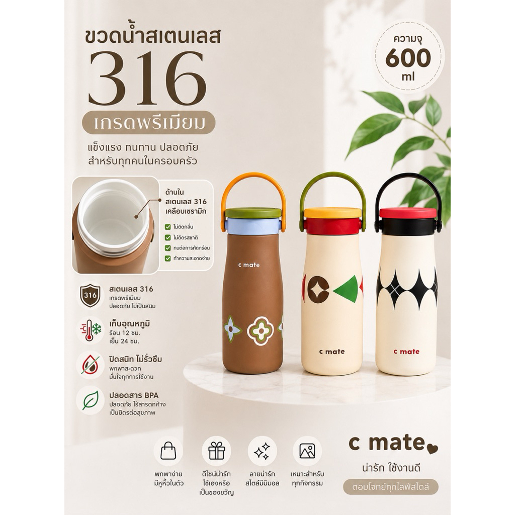 แก้วน้ำเก็บอุณหภูมิ 600ml สเตนเลส 316 เคลือบเซรามิก พร้อมหูหิ้ว