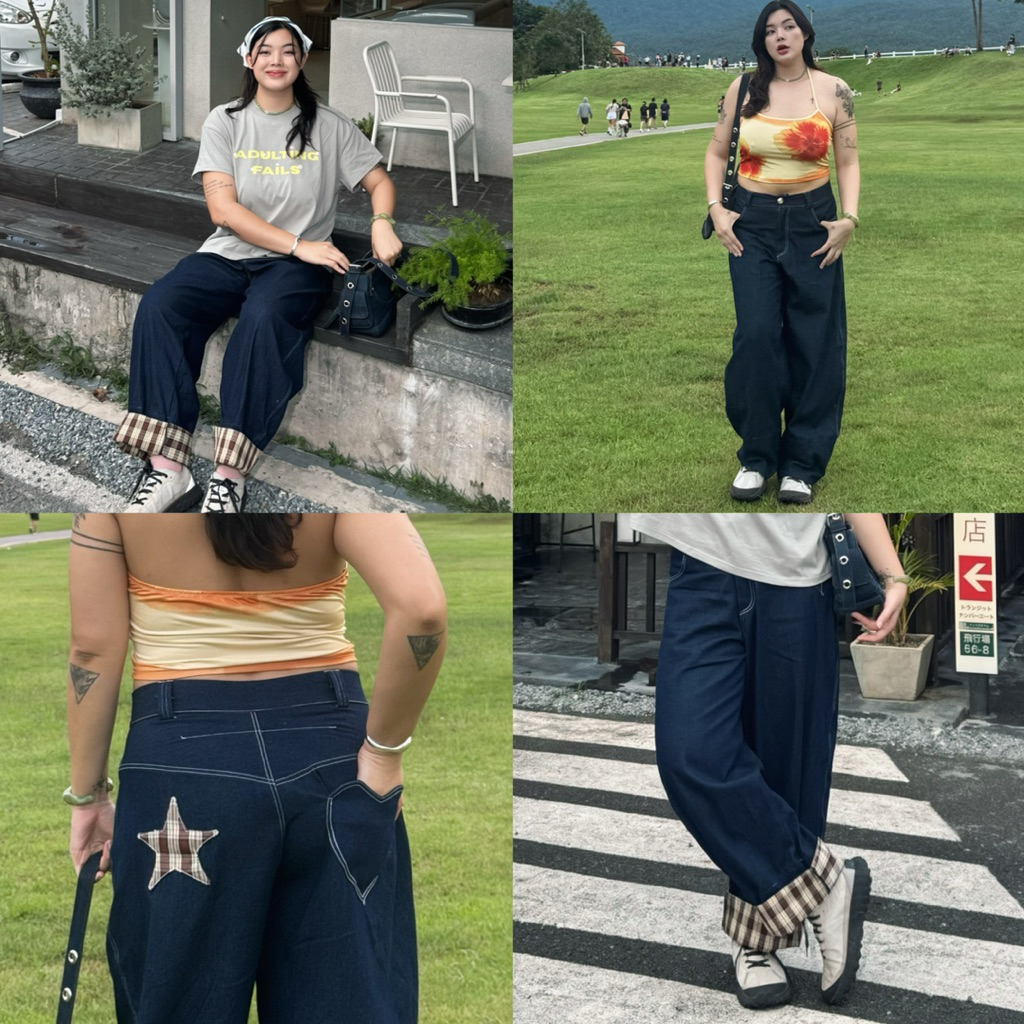 SS Star jeans กางเกงยีนส์ขายาว แต่งดีเทลพับปลายขาเป็นลายสกอตได้ + ลายดาวด้านหลัง ไซส์สาวอวบ(สียีนส์เข้ม)
