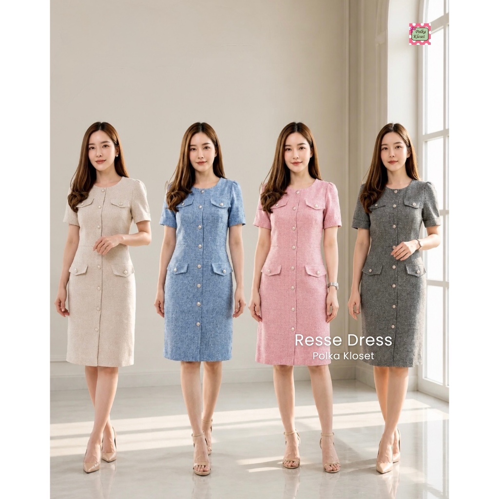 Reese Dress เดรสสไตล์แบรนด์เนม ผ้าชแนลทวิตเบามีลาย นุ่มไม่หนา ใส่สบายซิปหลัง กระเป๋าหน้า 2 ใบ มีซับ