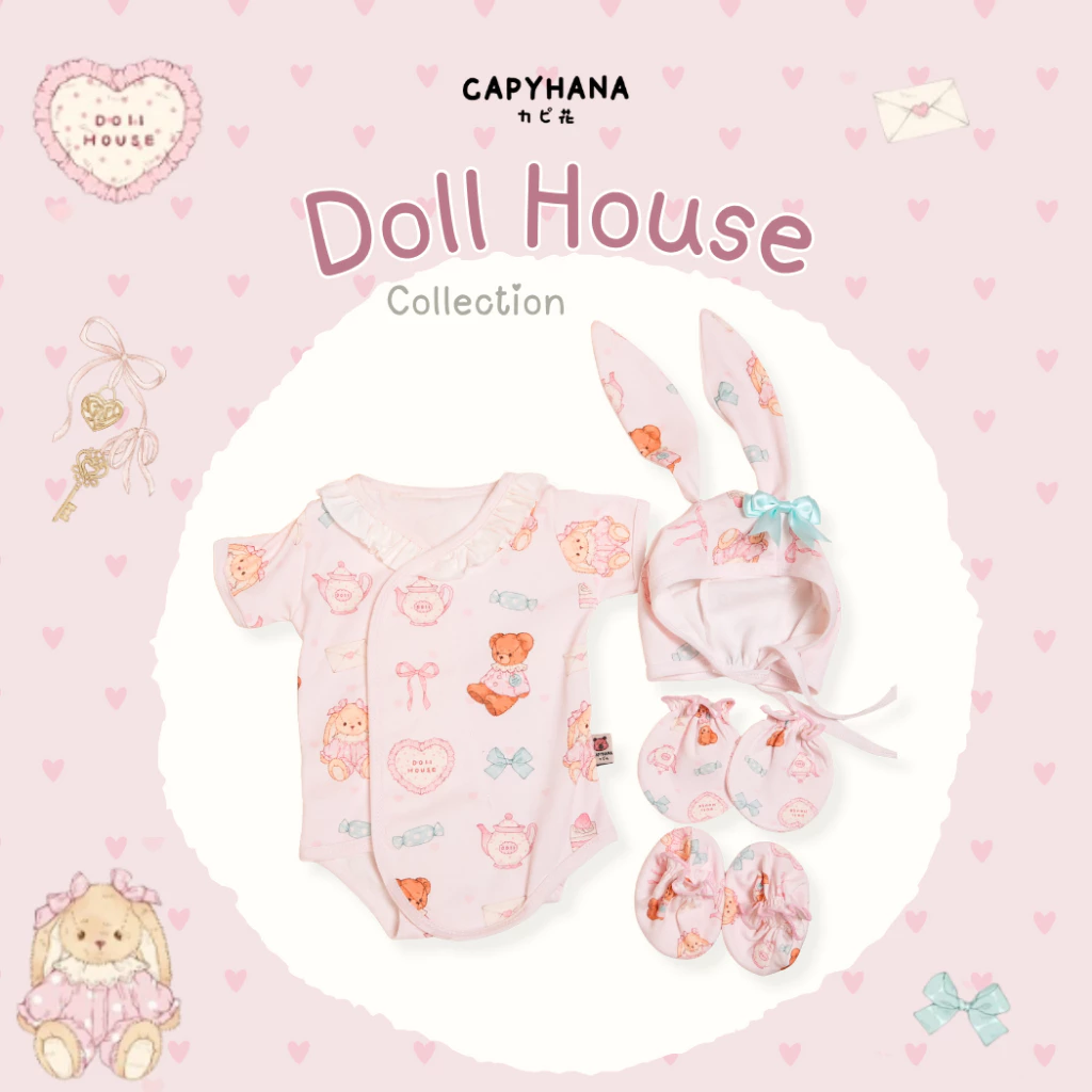 Capyhana ชุดSet 4 ชิ้นบอดี้สูท หมวกกระต่าย ถุงมือ ถุงเท้า ชุดเด็กแรกเกิด (เซทหมวกกระต่าย )