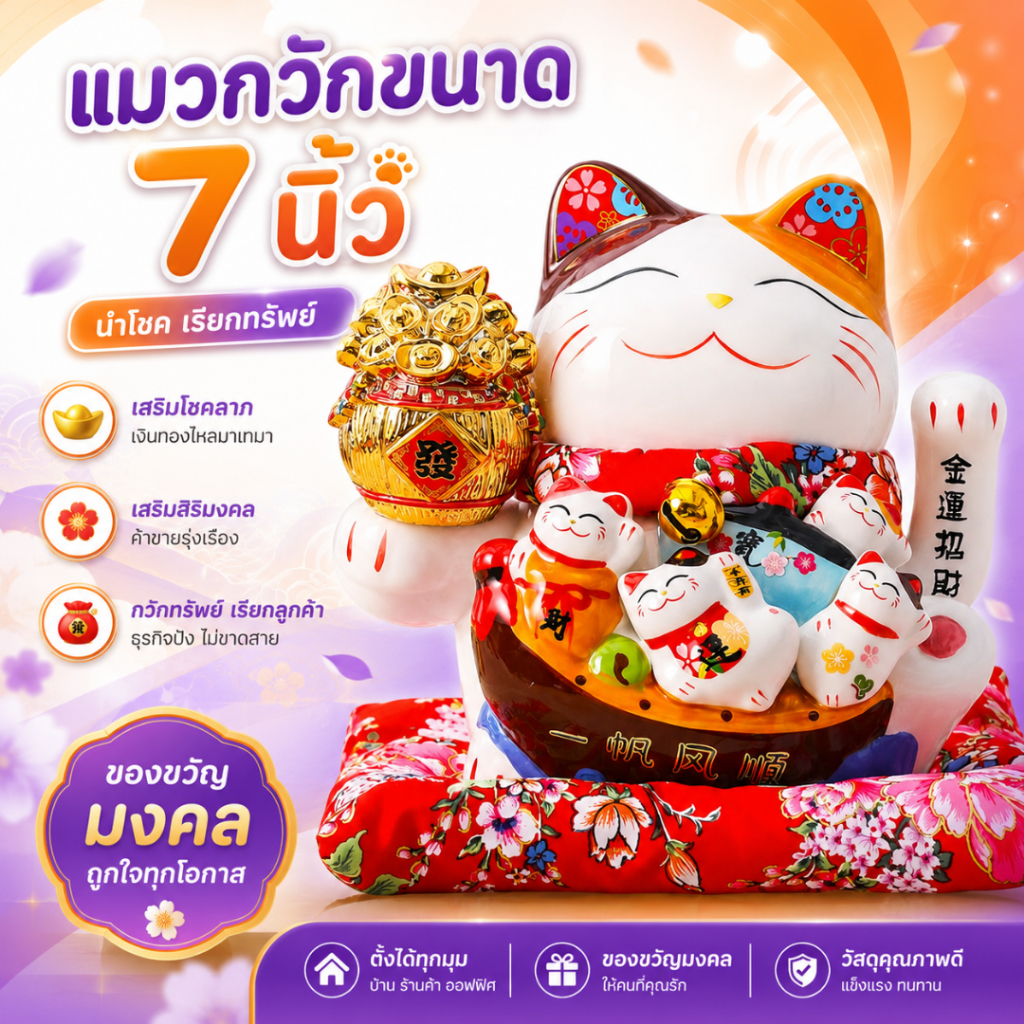 แมวกวักนำโชค แมวกวักเรียกทรัพย์ ขนาด 7/9/11/12 นิ้ว เซรามิก ตกแต่งบ้าน ตั้งโชว์ แมวกวักขนาดใหญ่