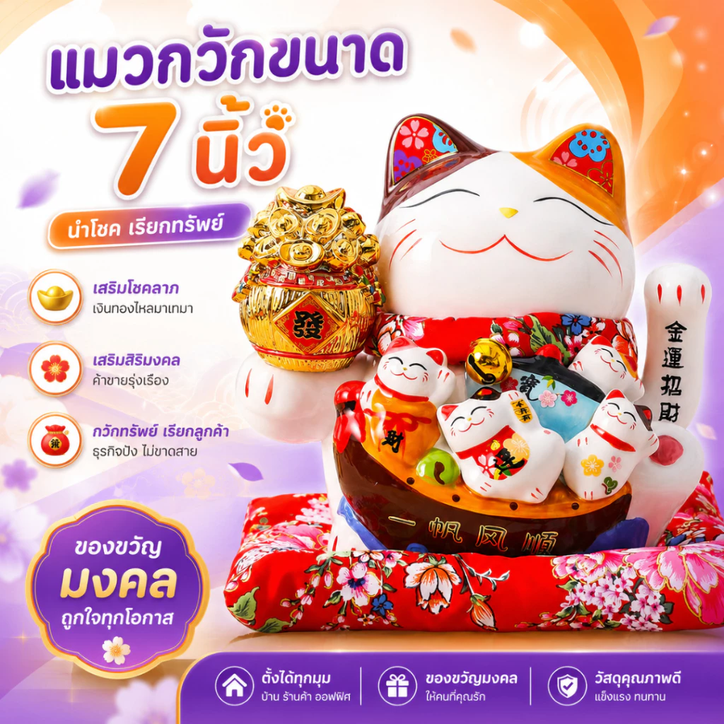 แมวกวักนำโชค แมวกวักเรียกทรัพย์ ขนาด 7/9/11/12 นิ้ว เซรามิก ตกแต่งบ้าน ตั้งโชว์ แมวกวักขนาดใหญ่