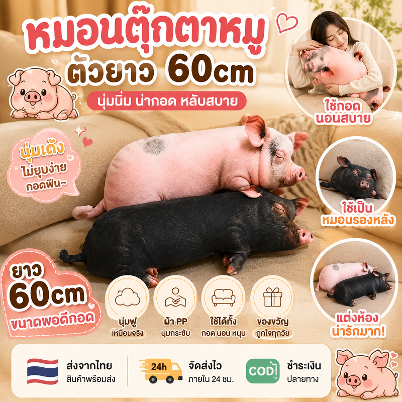 【รองรับ COD】หมอนตุ๊กตาหมูตัวยาว นุ่มนิ่มน่ากอด ใช้กอดนอน วางแต่งห้อง หรือเป็นของสะสมน่ารัก 60cm