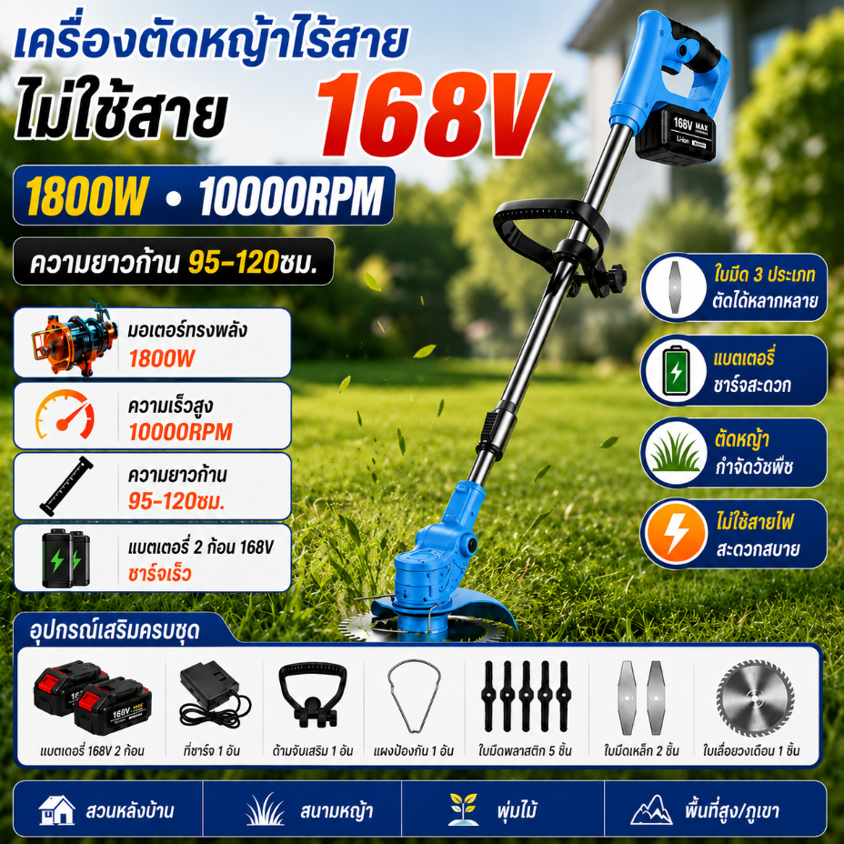 เครื่องตัดหญ้าไร้สาย 168V 10000RPM พร้อมล้อและแบตเตอรี่ลิเธียม 2 ก้อน - เครื่องตัดหญ้า MAKITA สำหรับ