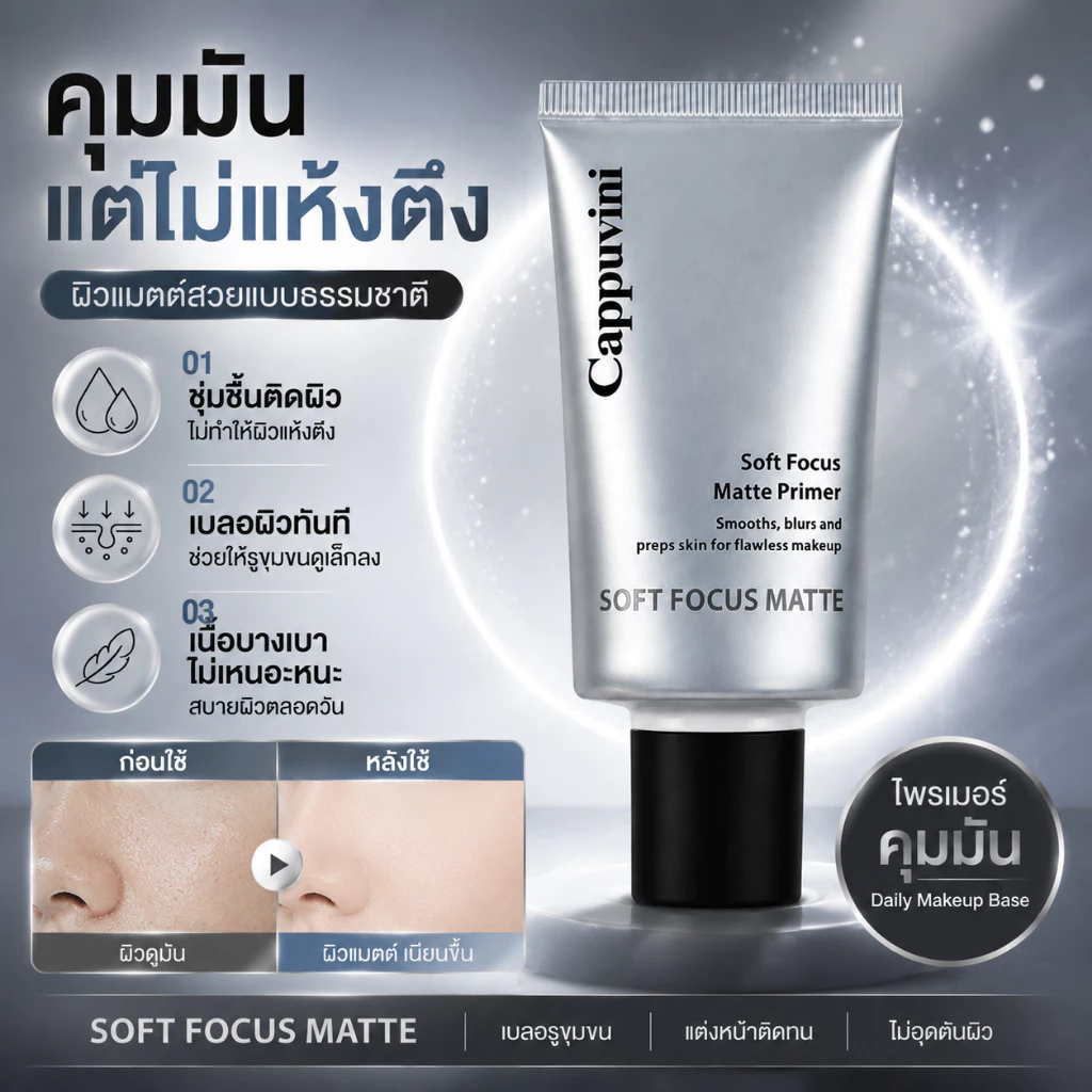 Cappuvini Soft Focus Matte Primer ไพรเมอร์คุมมัน เบลอรูขุมขน รองพื้นติดผิว เมคอัพติดทน 12 ชั่วโมง ผิวเนียนใส ไม่เป็นคราบ