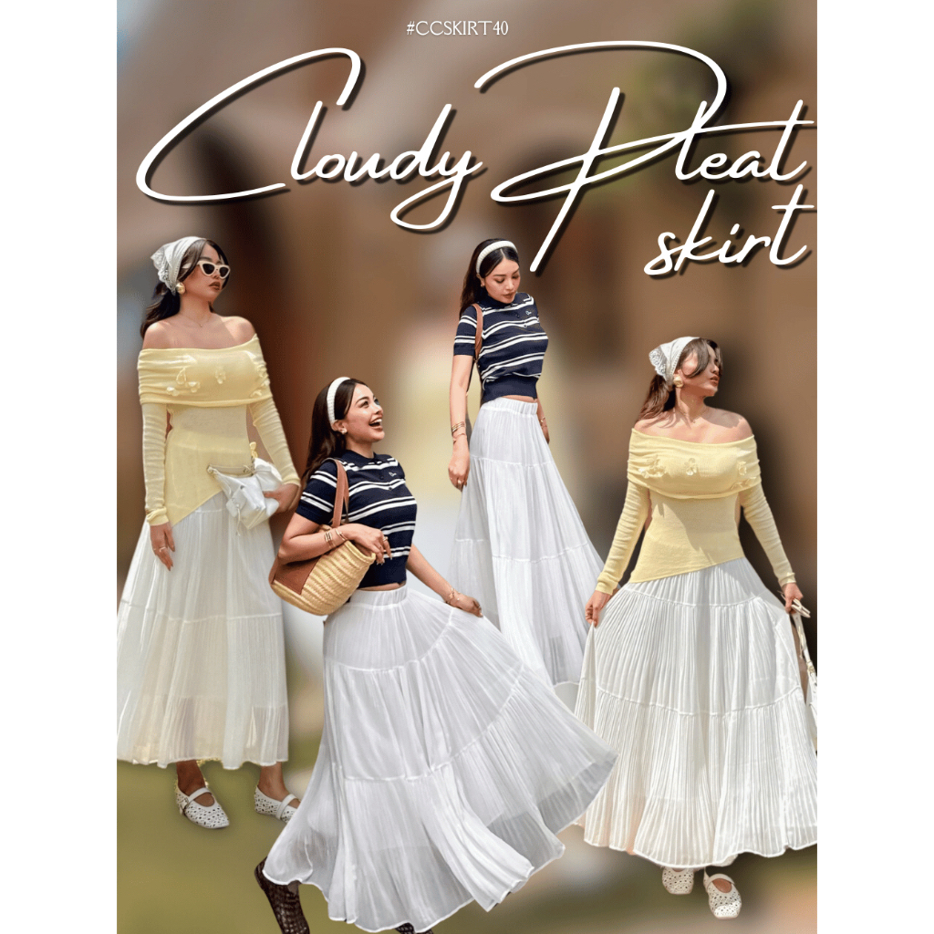 Chuuclothing Cloudy pleat skirt [พร้อมส่ง สีฟ้า / ดำ / ขาว] เก็บโค้ดหน้ากิจกรรม