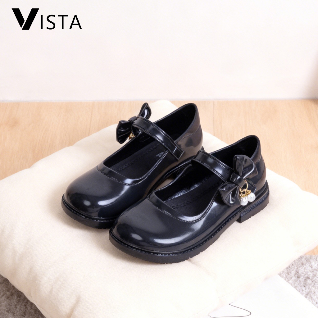 พร้อมส่ง🎀（เพิ่ม1เบอร์）VISTA รุ่นสวยซ่อนสูง นุ่ม ใส่สบายเท้า รองเท้านักเรียนหญิง รองเท้าคัทชู หนังดำ PVC