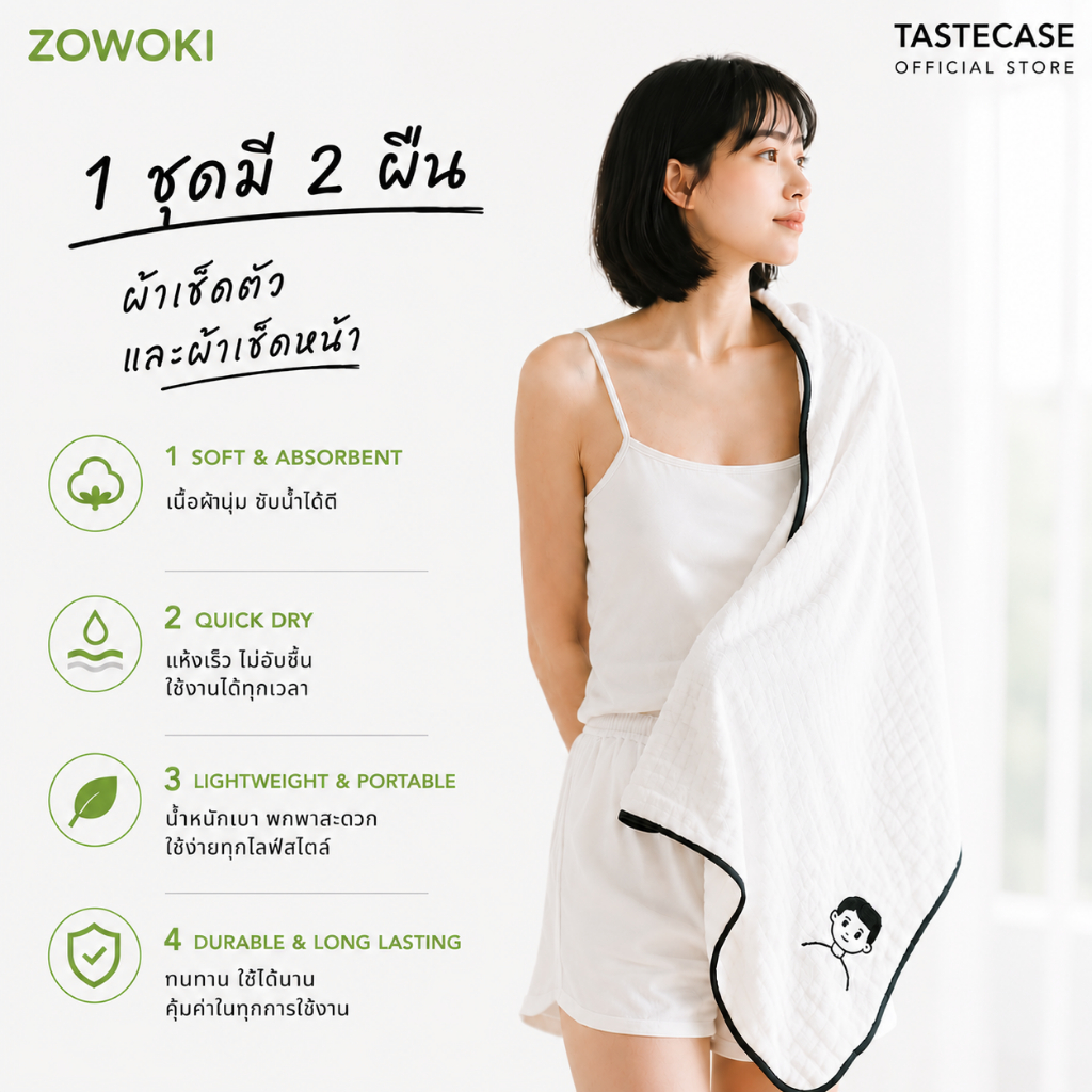Zowoki Bath Tower ผ้าขนหนูเกรดพรีเมี่ยม ซับน้ำได้ดี