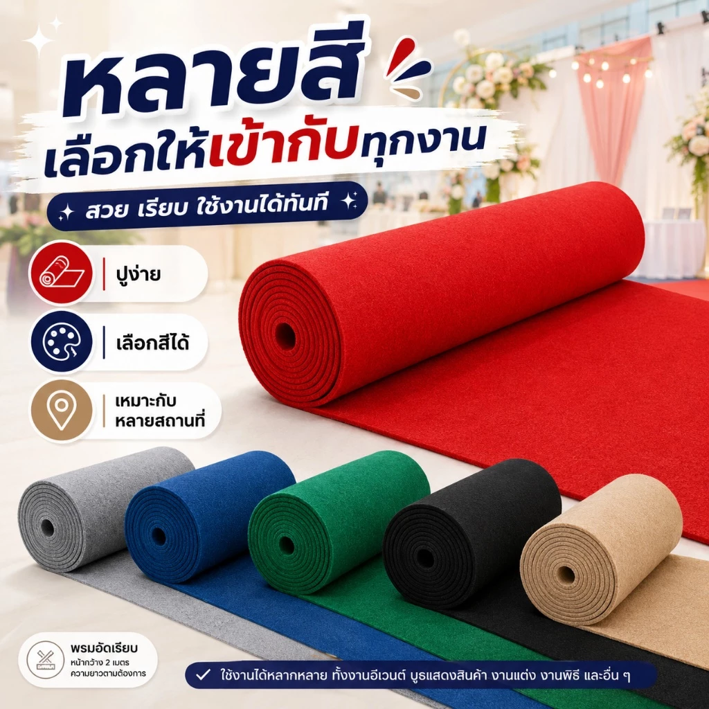 พร้อมส่ง พรมอัดเรียบสีพื้น พรมม้วนปูงานแต่ง งานอีเว้นท์ เวที บูธสินค้า ทางเดิน หลายสี ตัดตามพื้นที่ได้ ใช้งานสะดวก