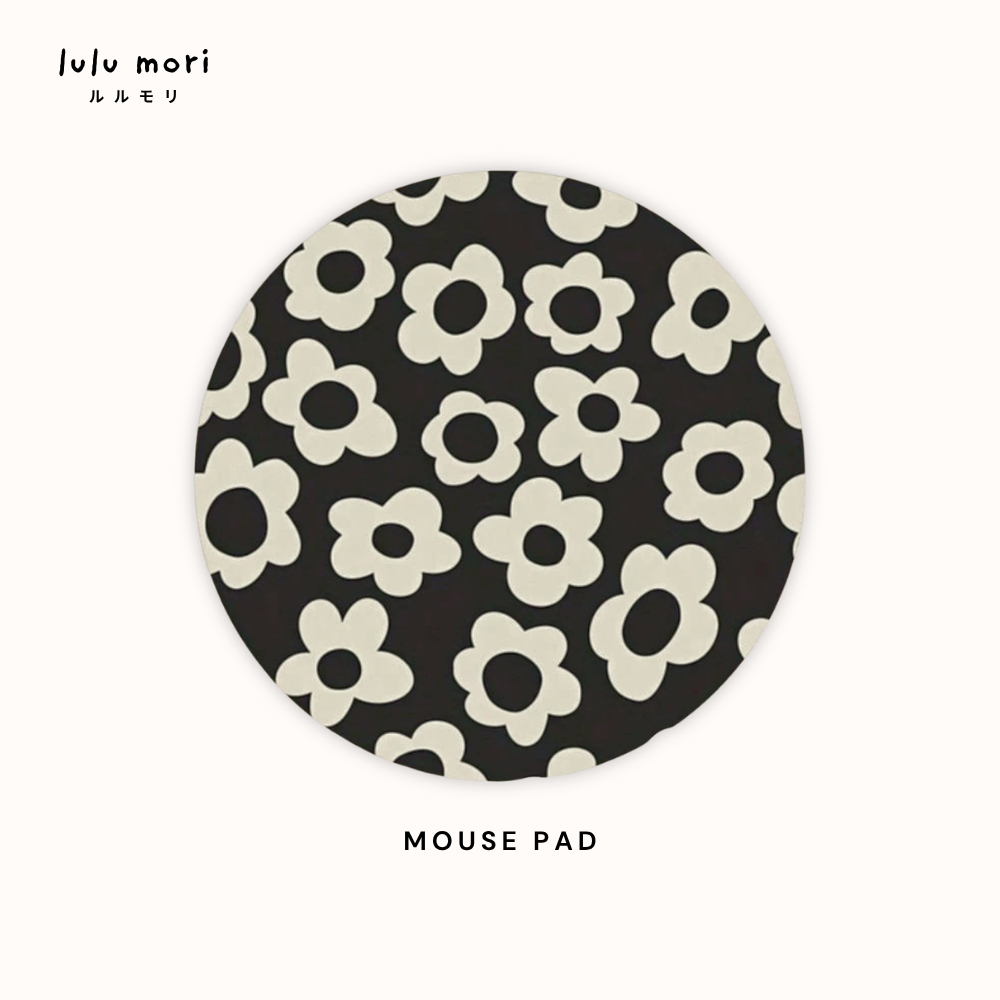 Lulu Mori แผ่นรองเมาส์ลายดอกไม้ Minimal สีครีม-ดำ ฐานกันลื่น ขนาด 20x20 ซม.