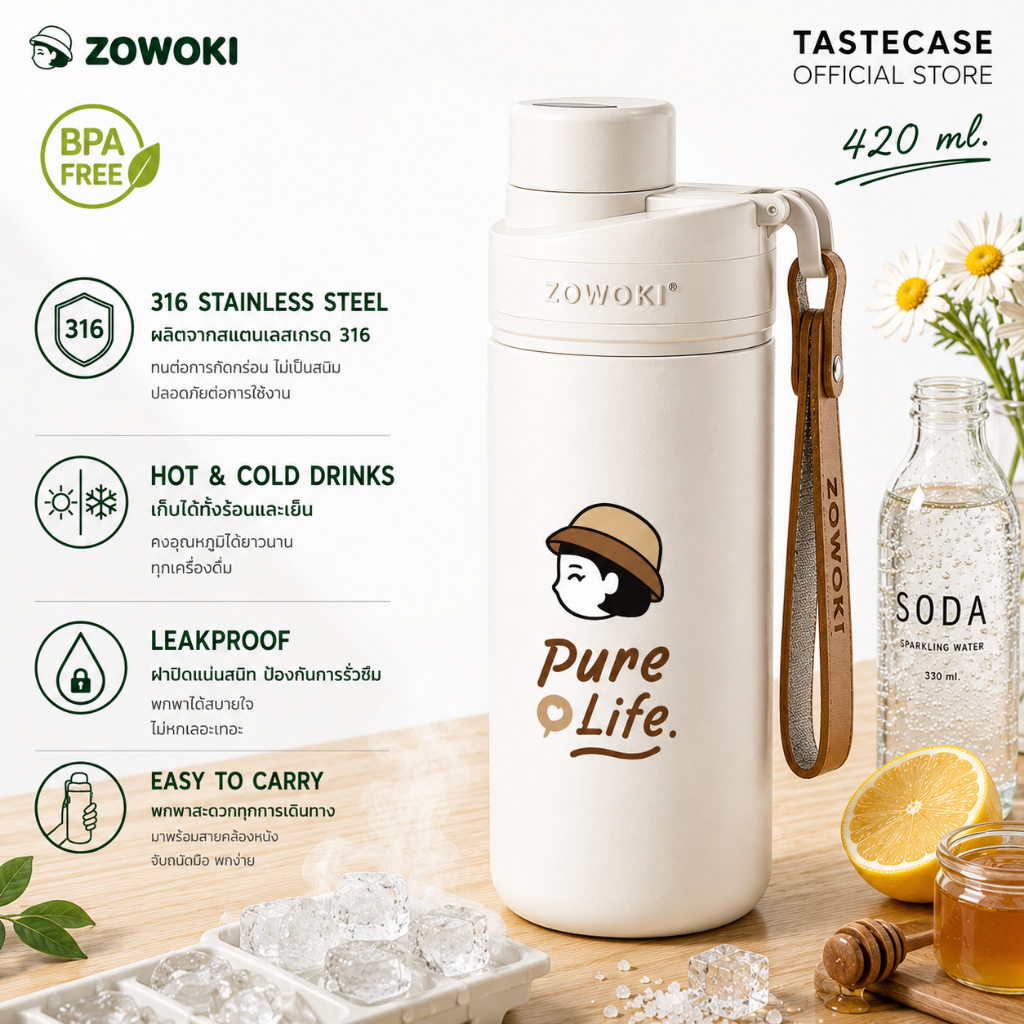Zowoki Y20-420 กระบอกน้ำรักษาอุณหภูมิ แก้วเก็บความเย็น-ร้อน พร้อมที่กรองชา ความจุ 420 ml.