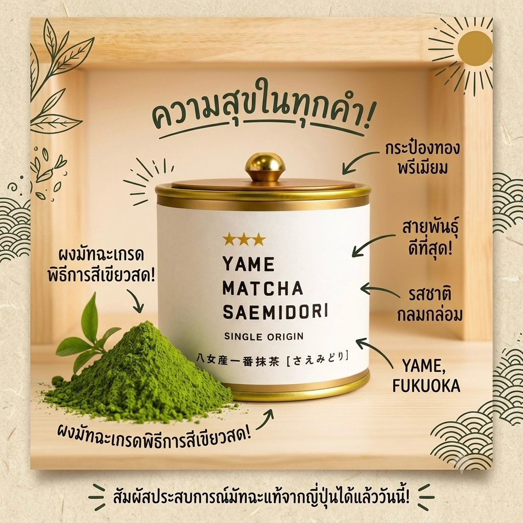 Premium Matcha Saemidori Single Origin จากเมือง Yame Chasho Murozono สายพันธุ์ Saemidori เป็นหนึ่งในสายพันธุ์พรีเมียม