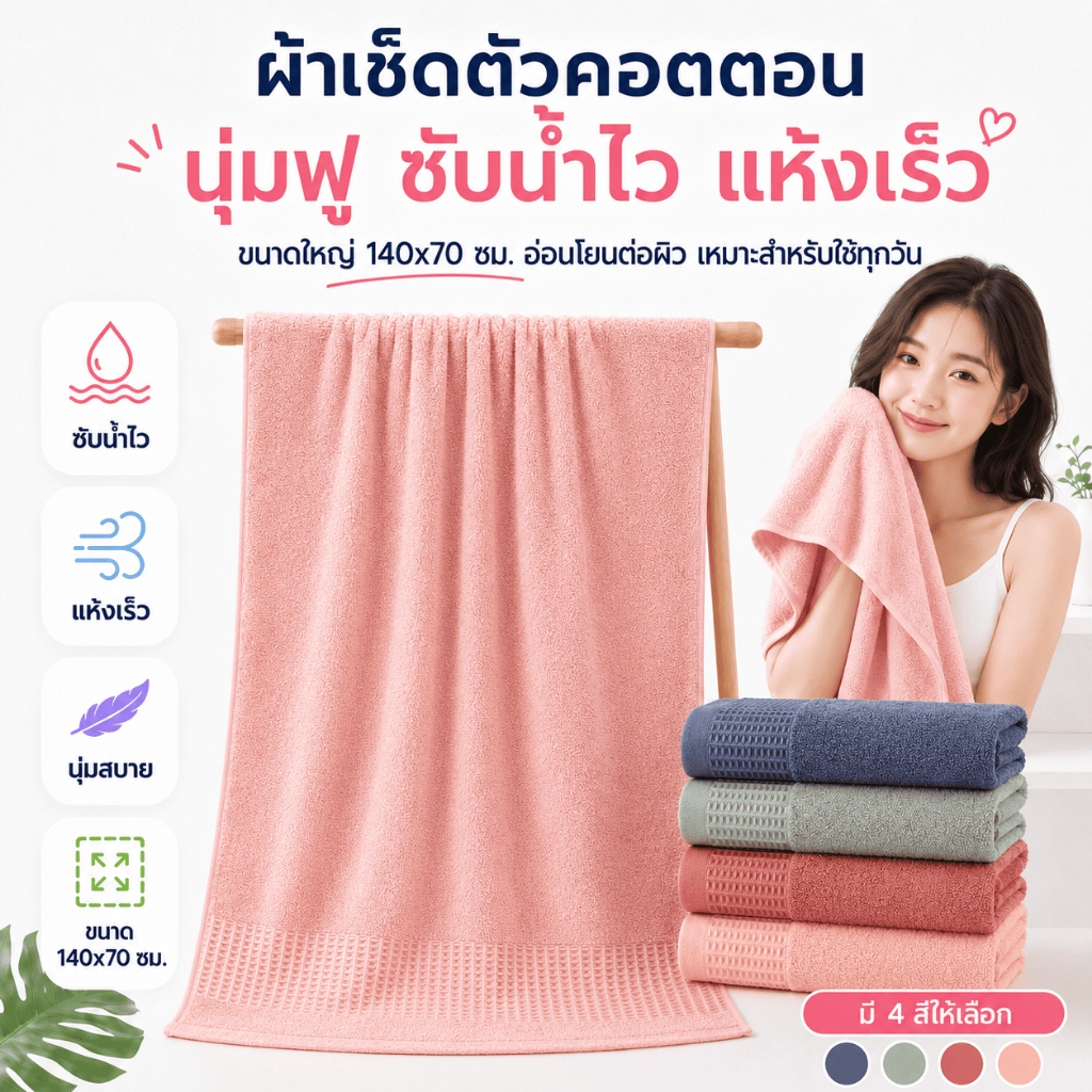 YJM-07【ขนาด 140x70 ซม】ผ้าเช็ดตัวคอตตอน ผ้าขนหนู เกรดโรงแรม5ดาว สินค้าพรีเมี่ยมแพ็คใส่ถุงใสทุกผืน Cotton 100%