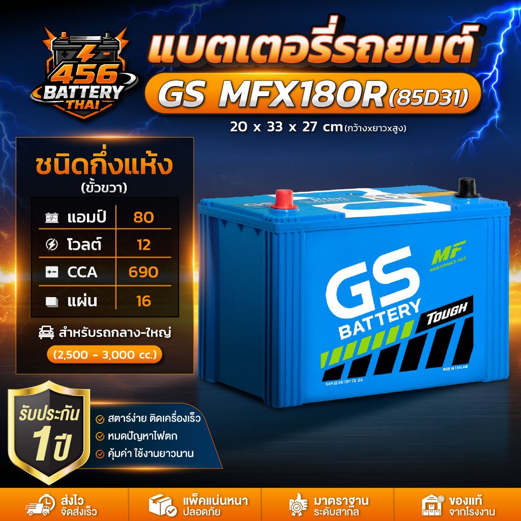 แบตรถยนต์ GS MFX180R ขั้วขวา แบตฯ(กึ่งแห้ง) สำหรับรถยนต์ 2.5- 3.0 cc. 80Ah. CCA690 พร้อมส่ง