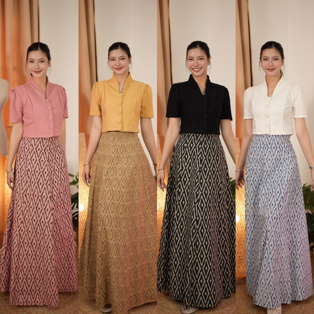 เซ็ทลายไทยมี4 สี เสื้อคอปีนและกระโปรง8ชิ้น(ผ้าฝ้ายพิมพ์ลาย)
